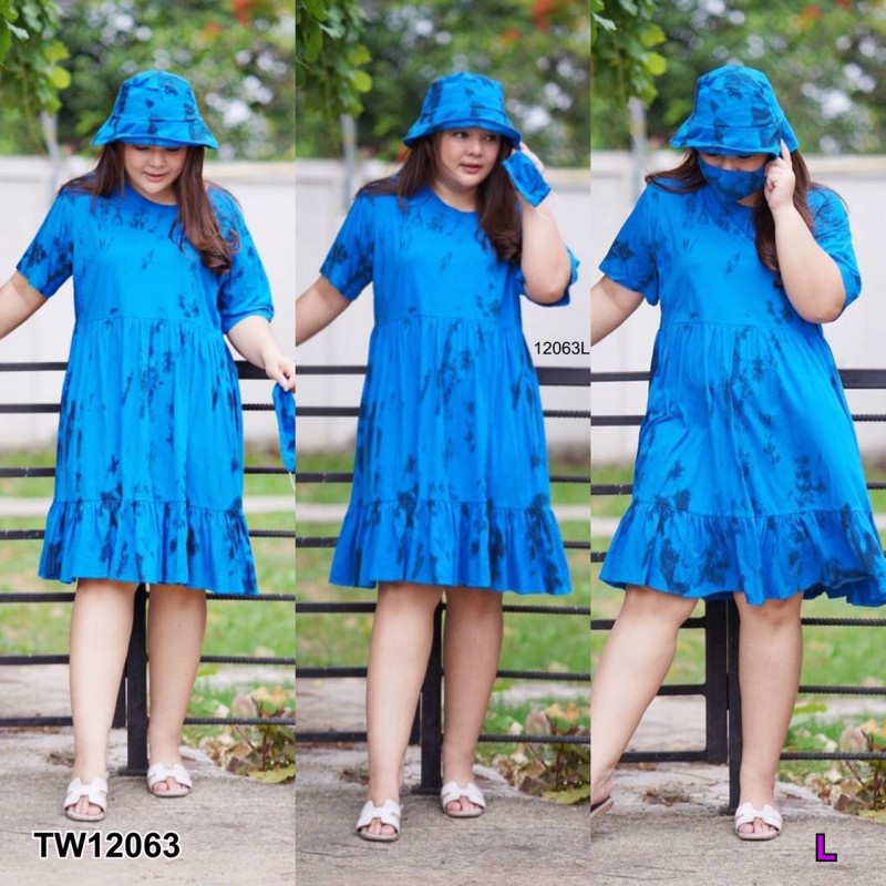 12063 Dress #สาวอวบ เดรสชายระบาย+หมวก+แมส ลายมัดย้อม #2