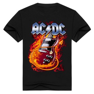 Tee เสื้อยืดชาย เสื้อวินเทจผญ - วงร็อคเย็นเสื้อยืดสีดําคลาสสิก ACDC พิมพ์เยาวชนแขนสั้นทีลําลอง