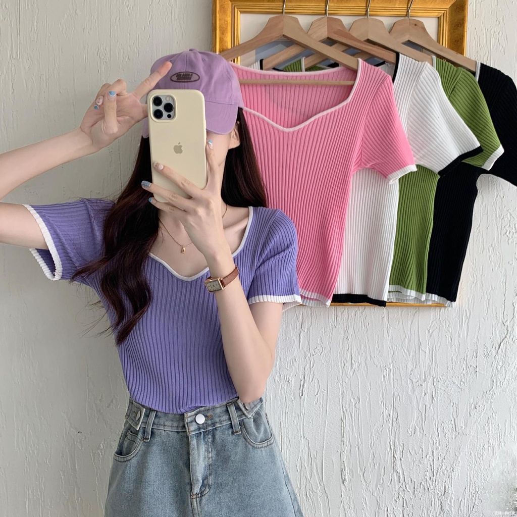 KFC เสื้อไหมพรมแขนสั้น แต่งดีเทลคอไม่ซ้ำใคร สีโทนหวาน สไตล์เกาหลี #A18