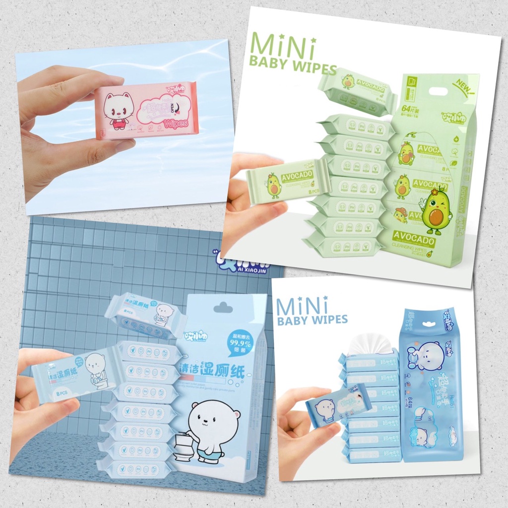 ทิชชู่เปียก ทิชชู่ ขนาดเล็ก พกพา ทำความสะอาด กระดาษชำระ ( 1 แพค มี 8 ชิ้น / 1 ชิ้น มี 8 แผ่น รวม 64 แผ่น )