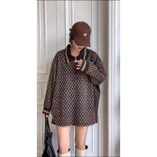 เสื้อผ้าไหมพรมยืดนุ่มงานไฮเอ็น ทอลาย ดีไซท์คอปกโปโลแบบซิป ผ้ายืดนุ่ม ผ้าไม่หนา โอเวอร์ไซ
