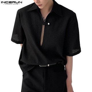 INCERUN Mens Short Sleeve See Through Mesh Collared Solid Deep V Polo Shirts