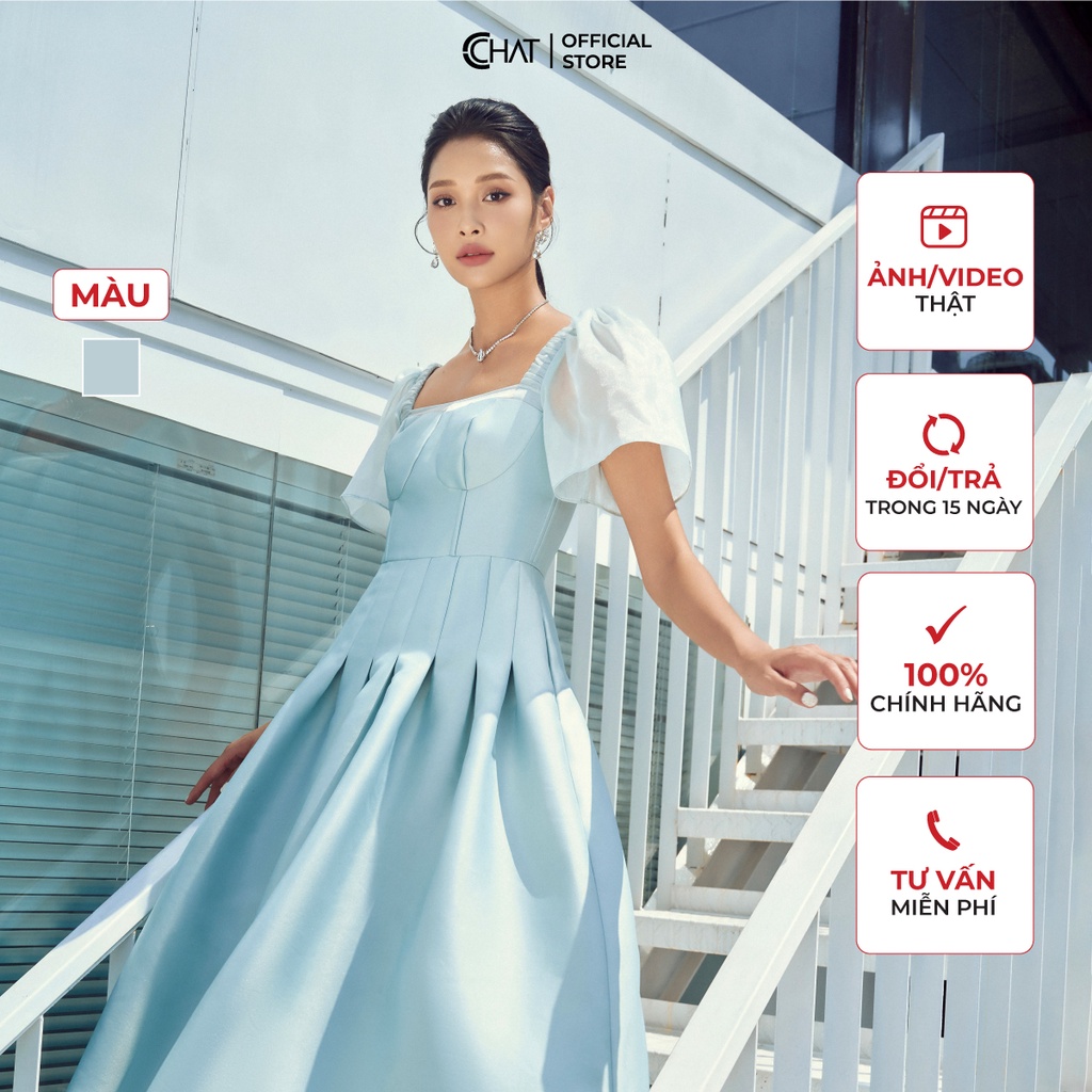 ชุดเดรสผู้หญิง CCHAT เดรสแขนกุดคอยูที่ไม่มีสายหนังคุณภาพสูง Tafta 22VNB8001XT