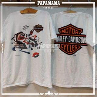 [ Harley davidson x Taz manian  ] looneytunes ผ้าขาว2   เสื้อวินเทจ เสื้อการ์ตูน papamama vintage shirt