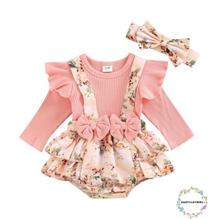 Babyclothes- ชุดรอมเปอร์ แขนยาว ลายดอกไม้ พร้อมที่คาดผม สําหรับเด็กผู้หญิง 2 ชิ้น