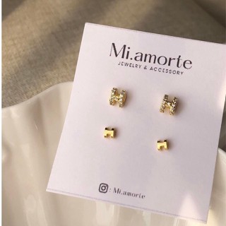 Mi.amorte ♡ ต่างหูก้านเงินแท้ S925 ♡ Diamond &amp; Glossy H Set ได้2คู