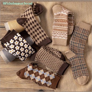 Widebeaucloud ถุงเท้าผ้าขนสัตว์ แบบหนา ให้ความอบอุ่น ถุงเท้าลําลอง ถุงเท้าลําลอง ฤดูใบไม้ร่วง และฤดูหนาว ที่อบอุ่น สะดวกสบาย ผ้าฝ้าย ลายตารางหมากรุก เห็ดน่ารัก ถุงเท้าดี