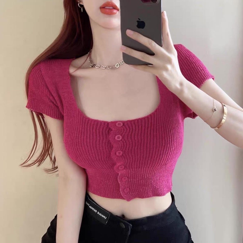 ✨Sakura.official✨M332/CT.F#เสื้อครอปเอวลอยกระดุมหน้า6เม็ด#เสื้อไหมพรมแขนสั้นคอเหลียม