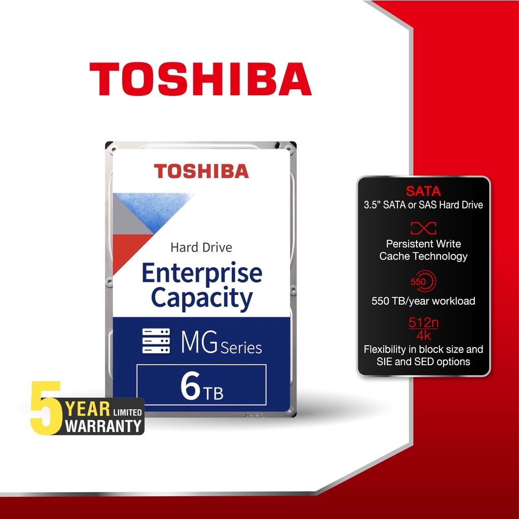 Toshiba INT HDD (6TB) Enterprise Capacity Hard Drive – MG Series 3.5"MG 7200rpm 256MB SATA