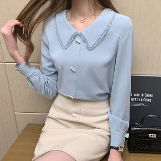 พร้อมส่งจากไทย แฟชั่น เสื้อเชิ้ตสีน้ำเงินผ้าชีฟอง มีปก เสื้อแขนยาวทำงานผู้หญิง ลดอายุ