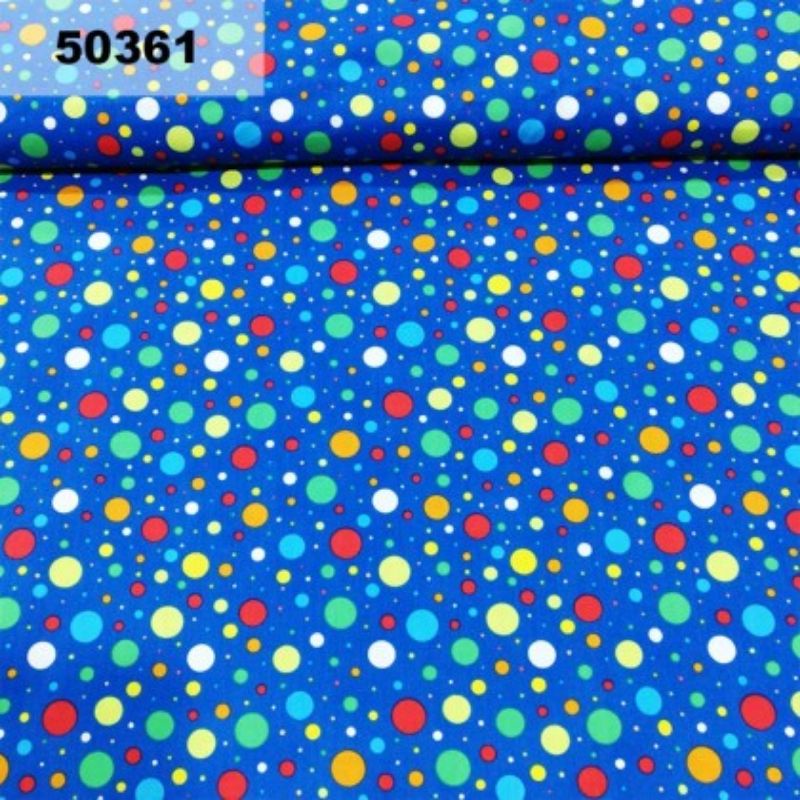 9 50361 COTTON (50cm x 110cm) - Colourful Polkadot on Blue (ไม่ยืด)