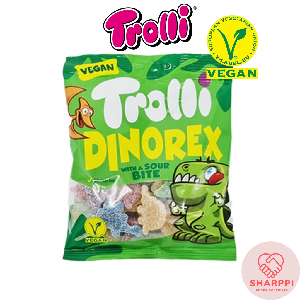 Trolli Dinorex ขนมมังสวิรัติ ไดโนเสาร์ เปรี้ยว กัมมี่ 100 กรัม ขนมมังสวิรัติ เด็ก ขนมฮาโลวีน ขนมฮาลาล