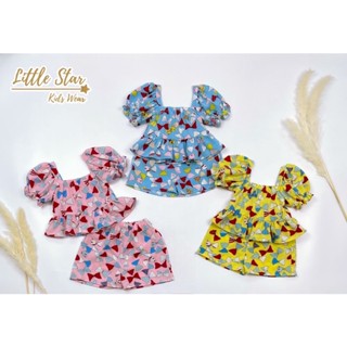 ⭐️Littlestar 👧🏻 ชุดเซ็ตเสื้อกางเกง ผ้าไหมอิตาลี จั้มปลายแขน ลายโบ GSP0072