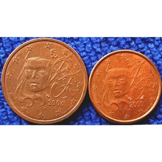 เหรียญ​ยูโร​ ฝรั่งเศส​ France, ชุด​เล็ก​ 1,2​ Euro​Cent, ใช้แล้ว, #​2118