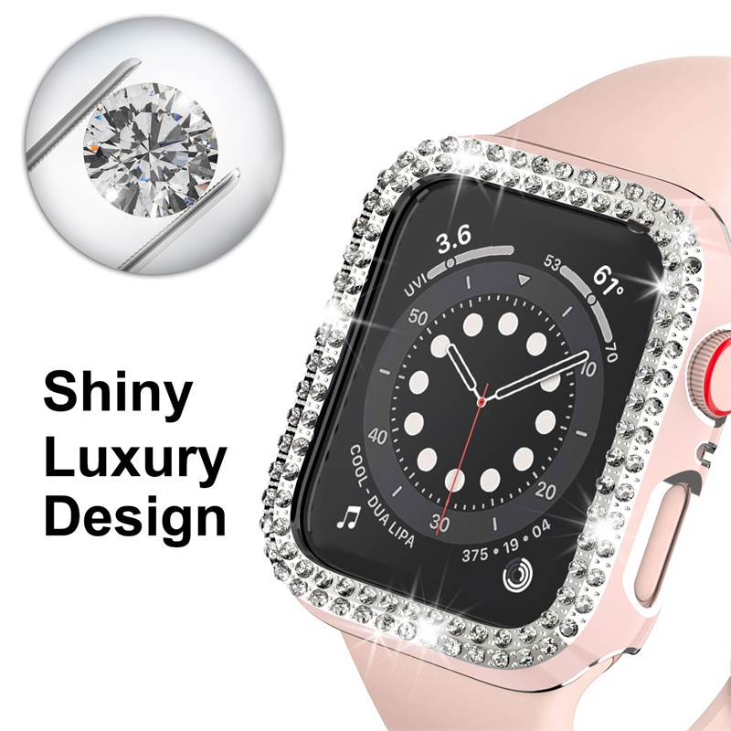 เคสนาฬิกาข้อมือ แบบแข็ง ประดับเพชร สองสี สําหรับ Apple Watch SE Series 6 5 4 3 Iwatch 40 มม. 44 มม. 38 มม. 42 มม.
