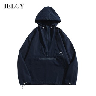 Ielgy เสื้อแจ็กเก็ต มีฮู้ด มีซิป ทรงหลวม กันลม สําหรับผู้ชาย