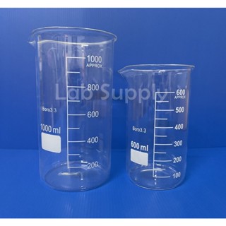 Beaker tall form with spout บีกเกอร์แก้ว"ทรงสูง" 600 ml. 1000 ml. เนื้อแก้ว Borosilicate glass 3.3, (No Brand)