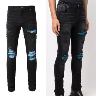 AMIRI ripped blue printed patchwork patch patch stretch slim black jeans