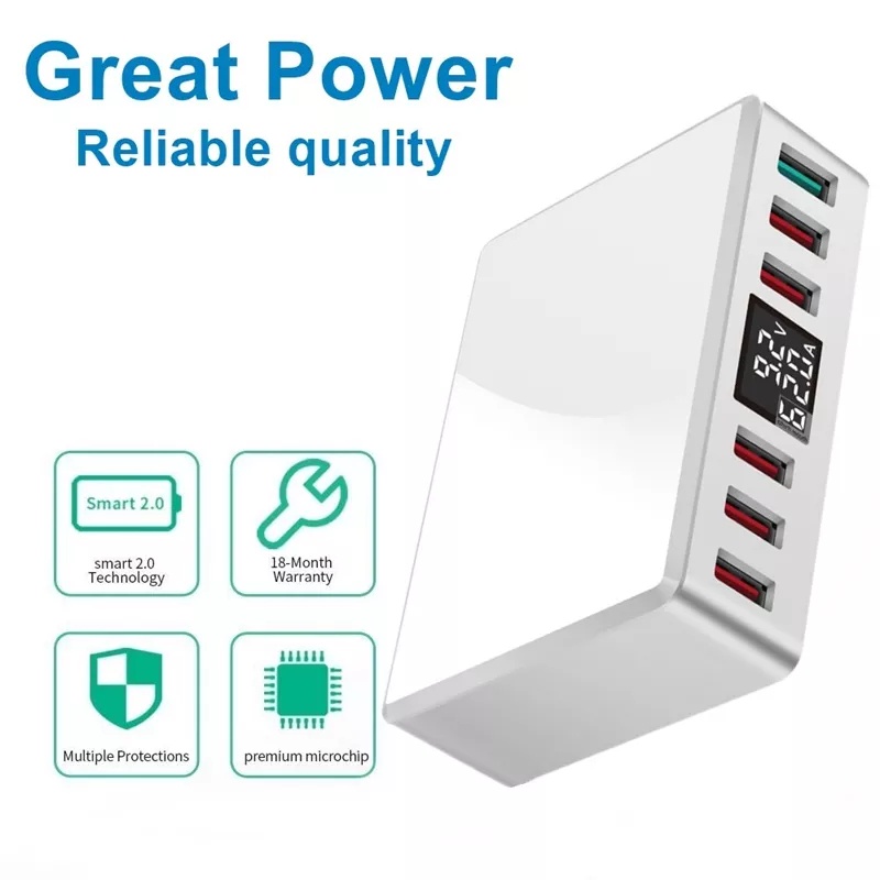6 Ports USB Charger QC 3.0 Fast Charging Smart LCD Digital Display Multi-Port Travel Charger Station