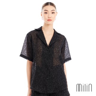 [MILIN] Strength Top Black Textured with silver Fur short sleeve shirt เสื้อเชิ้ตแขนสั้นผ้าแฟนซี ตกแต่งเส้นด้ายสีเงิน