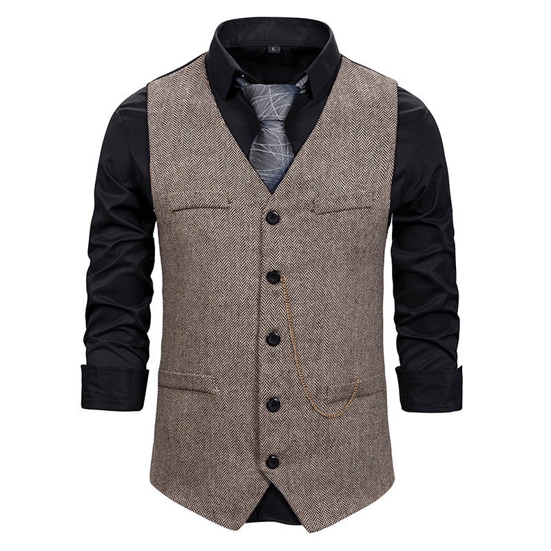 Mens Vests Gold Chain Decoration Single Breasted Men's Suit Vest Casual Wild V Neck Top Spring New Grey Black Brown #0