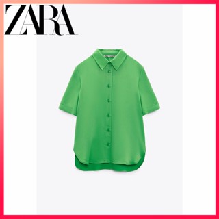 Zara เสื้อเชิ้ตแขนสั้น ผ้าซาติน ผ่าข้าง แฟชั่นฤดูร้อน สําหรับผู้หญิง