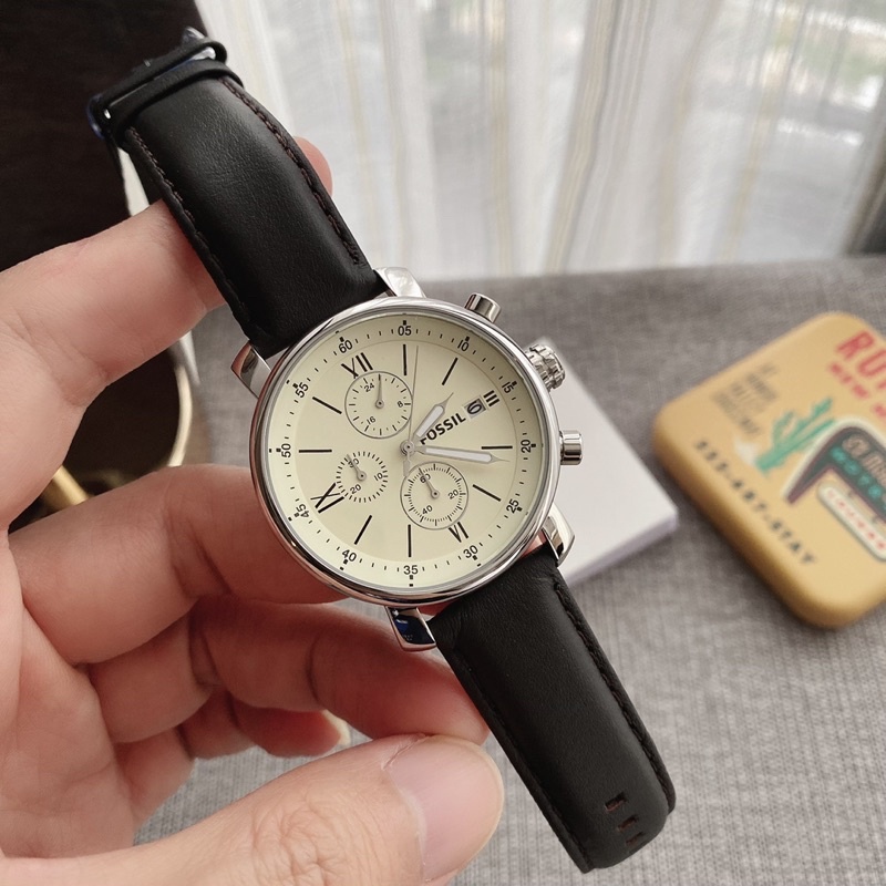 ✨ผ่อน0%แท้100%✨ Fossil BQ1007 Men's Brown Leather Strap White Dial Chronograph Watch