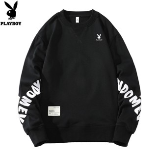 Playboy เสื้อสเวตเตอร์คอกลมแขนยาวฤดูใบไม้ร่วงผู้ชายเรียบง่ายพิมพ์สีตัดกัน