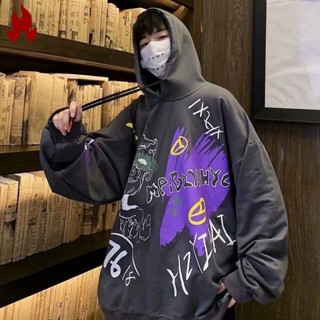 HOTMAN เสื้อกันหนาวมีฮู้ดผู้ชายสำหรับฤดูใบไม้ร่วง/ฤดูหนาว Graffiti พิมพ์เสื้อสเวตเตอร์หนา ฮิปฮอป Oversize สไตล์เกาหลีแขนยาว Hoodie