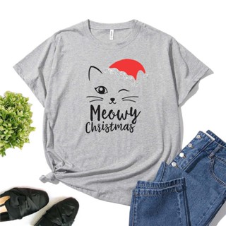 เสื้อยืดแขนสั้น คอกลม พิมพ์ลายแมว Meowy Christmas สําหรับผู้หญิง DW154