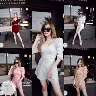 SS032 Set 2 ชิ้น เสื้อครอปมีแขนซิปหลัง พร้อมกางเกงขาสั้นเอวสม็อกหลัง มีเข็มขัดคาดเอว