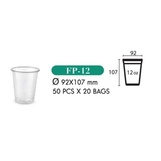 แก้วPET12ออนซ์92มม. ยี่ห้อFPC รหัสสินค้า FP-12 รุ่นหนาพิเศษ จำนวน 50 ชิ้น/แพค