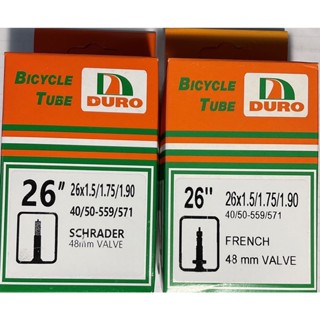 ยางในรถจักรยาน 26*1.50/1.75 FV(จุกเติมลมเเบบเข็ม) เเละ AV(จุกเติมลมเเบบใหญ่) ยาว 48 MM. ยี่ห้อ Duro คุณภาพเยี่ยม