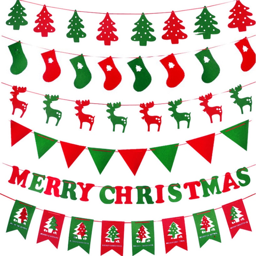 Xmas Merry Christmas Banner Flag Xmas Party ตกแต่งสีแดงและสีเขียว