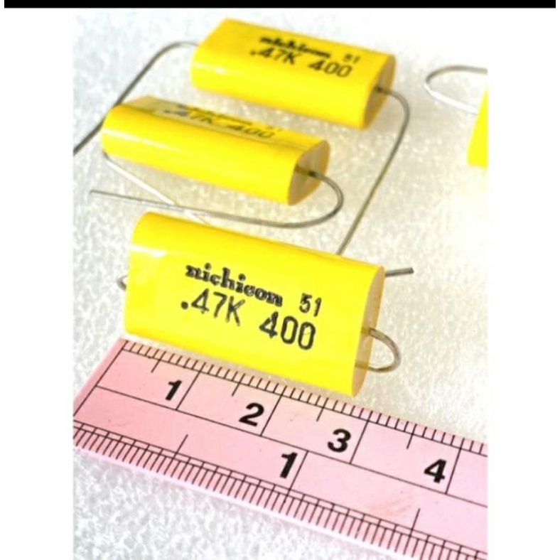 0.47K 400V 474K 470nF คาปาซิเตอร์ nichicon JAPAN แท้ใหม่แกะกล่อง Cหางหนูสีเหลือง C0.47UF400V C0.47UF