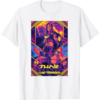 เสื้อยืด พิมพ์ลายโปสเตอร์ Marvel Thor Love And Thunder Thor And Jane Neon สําหรับผู้ชายเสื้อยืดคอกลม