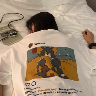 เสื้อคู่ การ์ตูนธรรมดาเกาหลี ฤดูร้อน ลายการ์ตูน เสื้อยืด tom and jerry แขนสั้น หลวม bf | 2สี M~2XL