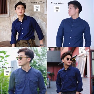 เสื้อเชิ้ตผู้ชายสีกรมท่า ผ้าOxford คอจีน/คอปก/คอจีนเป๋าคู่ แขนยาว ใส่สบายระบายความร้อนได้ดี