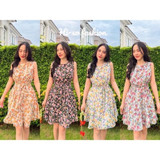 🌺Korea petal dress💐(332) เดรสสั้นคอกลมแขนกุด ผ้าชีฟองพิมพ์ลาย