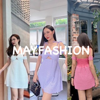 MAYFASHION เดรสสั้นผ้าลูกไม้ร่องชั้นๆ แขนเปิดไหล่ แต่งแขนแยก สายเดี่ยวผูกสายไหล่เอง ด้านหลังสมอคหลัง