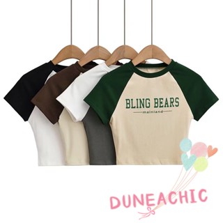 Dunea เสื้อยืดครอป พิมพ์ลายตัวอักษร บล็อกสี แฟชั่นสําหรับผู้หญิง