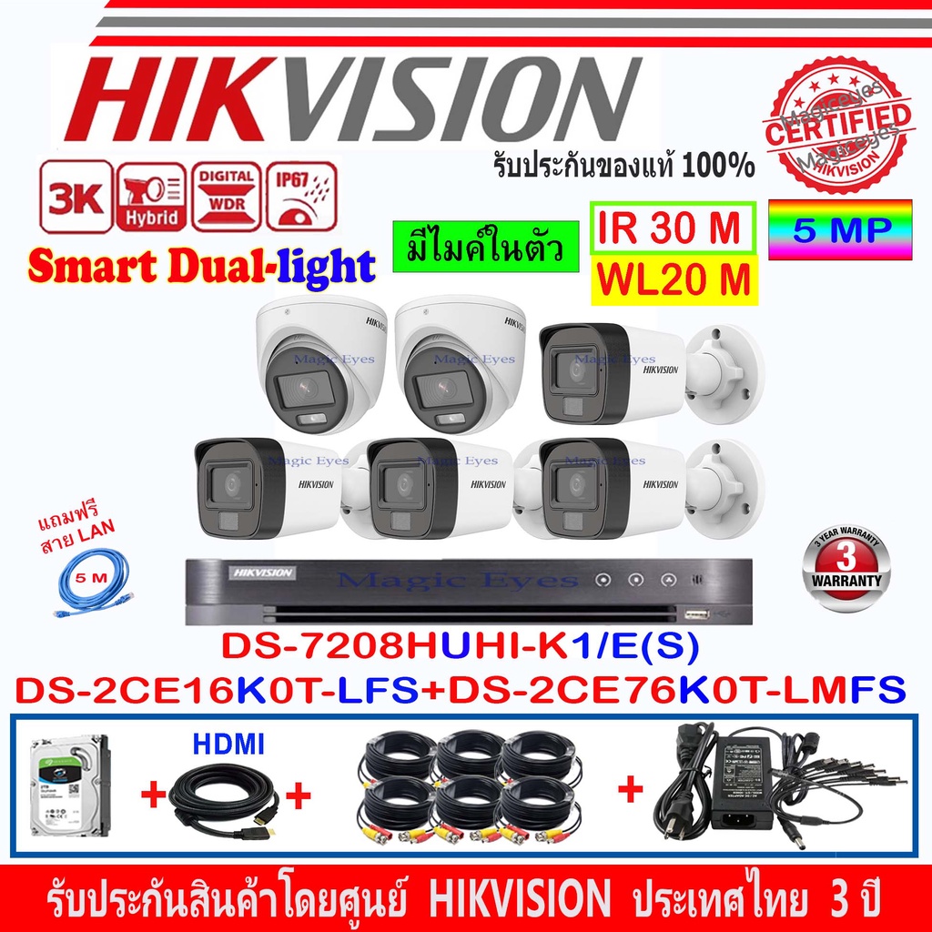 Hikvision 3K รุ่น DS-2CE16K0T-LFS 3.6//2.8(4)+DS-2CE76K0T-LMFS 2.8//3.6mm(2)+DVR DS-7208HUHI-K1/E(S)