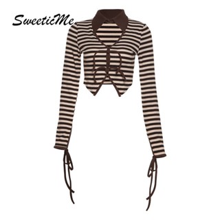 Sweeticme ใหม่ เสื้อยืดลําลอง แขนยาว คอปก ลายทาง สีตัดกัน เซ็กซี่ แฟชั่นสําหรับสตรี 2022