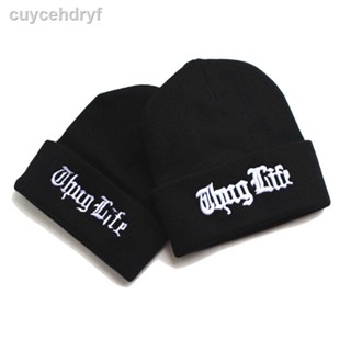 THUG LIFE BEANIEเทรนด์เวอร์ชั่นเกาหลี สกี ป้องกันความหนาวเย็น เย็บปักถักร้อยแบนสามมิติ ถักยืด หมวกไหมพรม