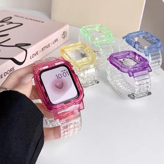 สายนาฬิกาข้อมือซิลิโคนใส กรอบสี สําหรับ Apple Watch Glacier 7th Generation SE 5 6 3 4