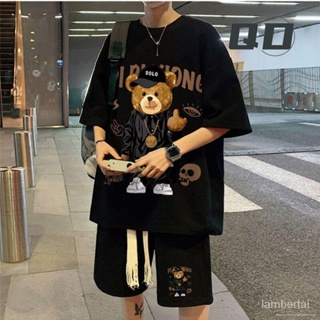 QD สั่งด่วน Waffle Suit Mens Summer Harbor Style Bear Design T-shirt Short Sleeve Shorts Large Size Casual Loose Sports