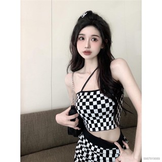 พร้อมส่ง💋Checkerboard sling tube top top ผู้หญิง กระเป๋าเอวสูง กระโปรงสะโพก set two-piece