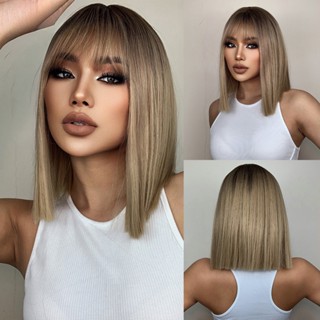 [High Quality] Brown Ombre Blonde Synthetic Hair Wigs Short Bob Natural Wigs With Bangs for Women Heat Resistant Cosplay Wigs