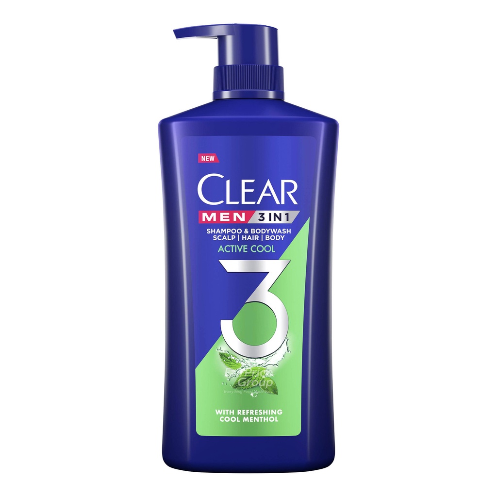 Clear Men 3 in 1 Shampoo & Bodywash Active Coolเคลียร์ เมน แชมพูขจัดรังแค สีเงิน สำหรับผู้ชาย