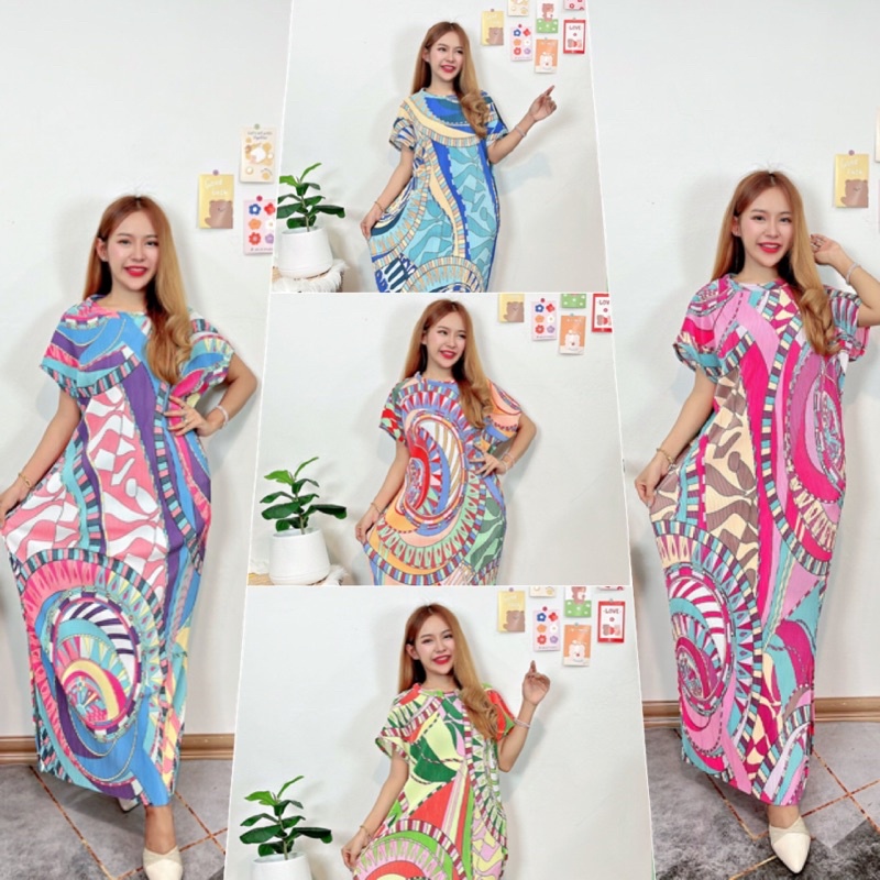 Maxi DressSG2ชุดเดรสยาวเนื้อผ้าอัดพลีทพิมพ์ลายดอกไม้ชุดพลีสยาว ชุดเดินชายหาด ชุดใส่เที่ยวทะเล ชุดเดร